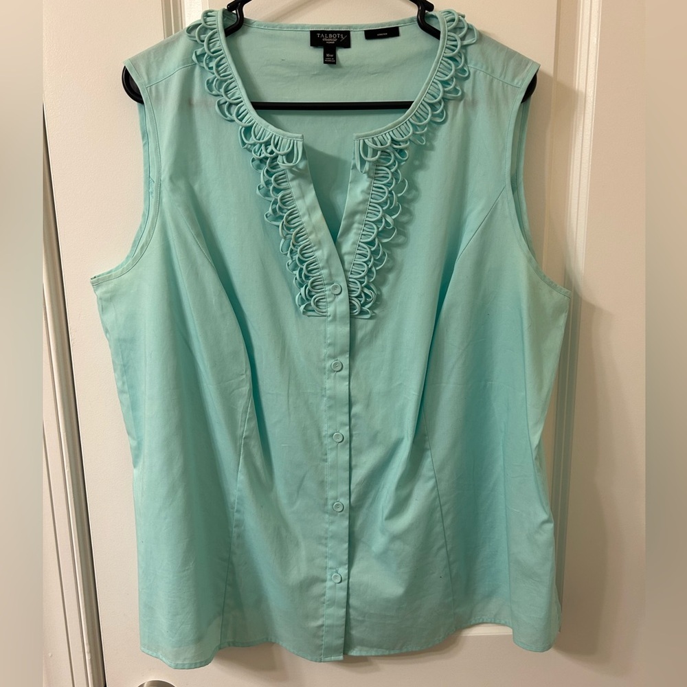 Talbots Green Button Down Blouse with Ruffled Bib Collar